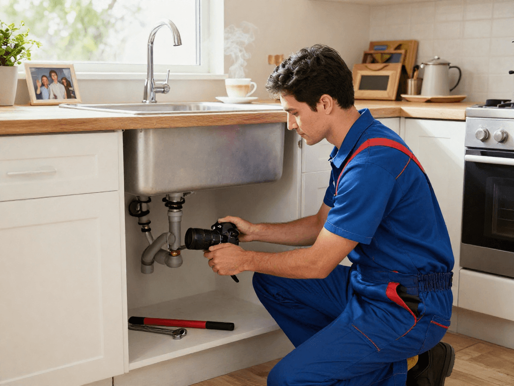 Plumber providing rooter service Fort Worth under a kitchen sink with tools and natural light.