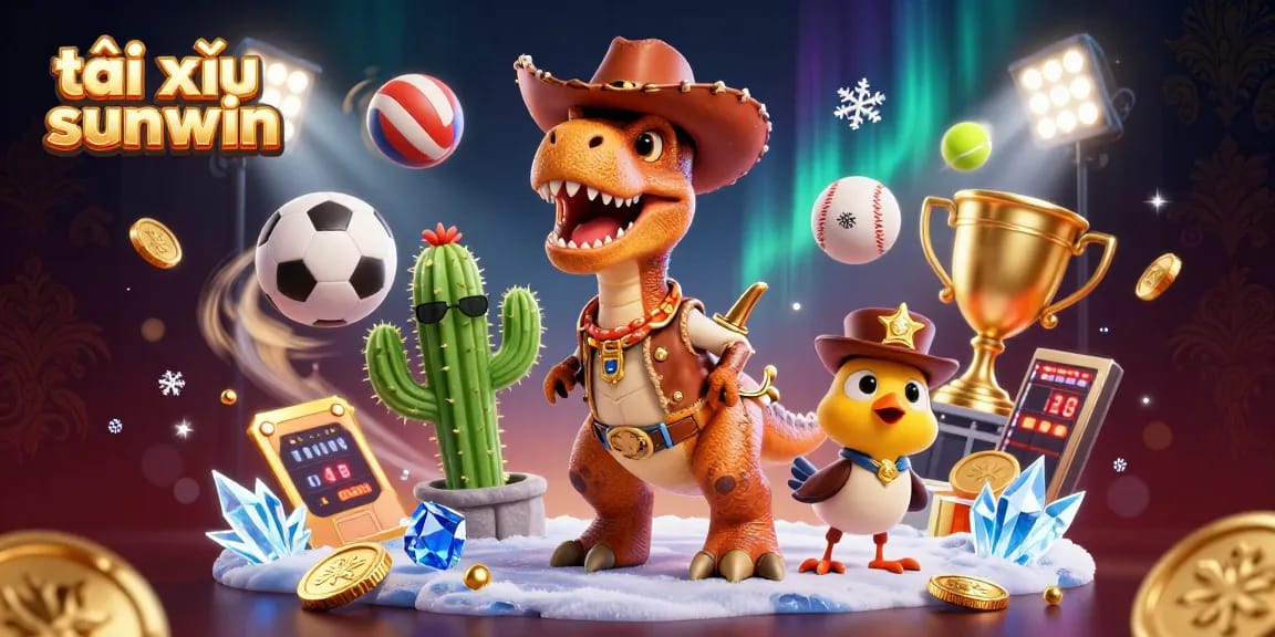 Engage in thrilling tài xỉu sunwin gameplay with our vibrant 3D cowboy dinosaur illustration