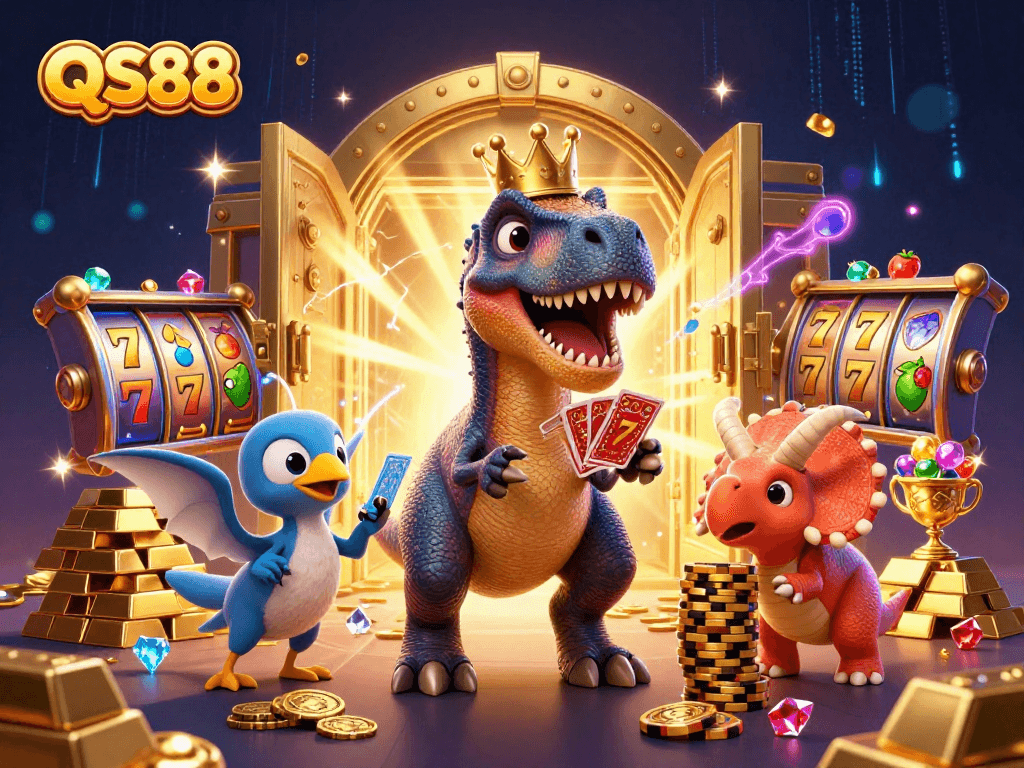 QS88 showcases a colorful casino scene with a T-Rex shuffling cards and a triceratops stacking chips.