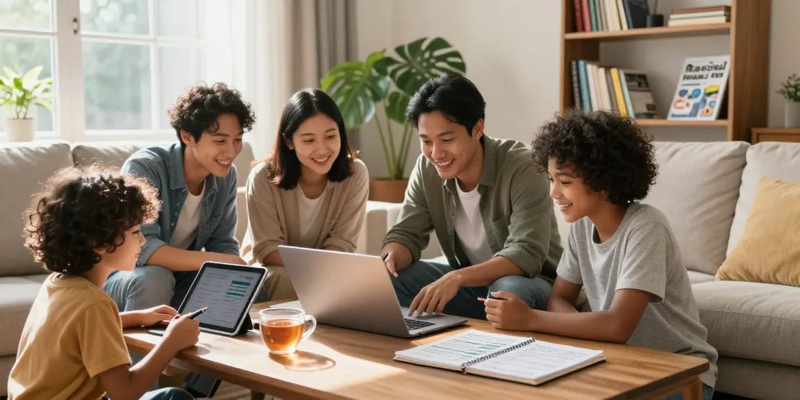 A diverse family discussing financial planning while using RadCred.com for a $1500 personal loan in a cozy living room.