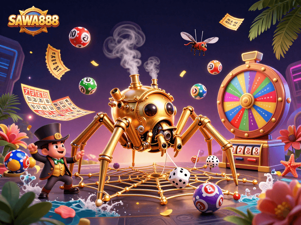 SAWA888 features a steampunk spider and Victorian fly amidst lottery elements, capturing a lively casino atmosphere.