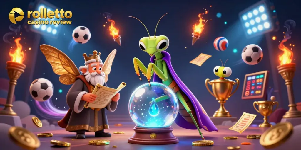 Engage in the rolletto casino review with a vibrant 3D illustration of fortune tellers and thrilling gaming elements.