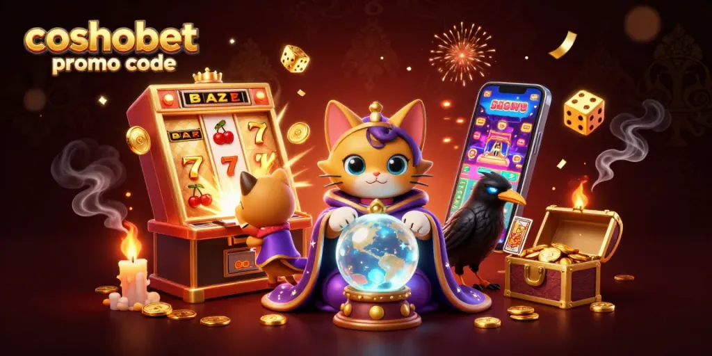 Engage with the vibrant cosmobet promo code celebration scene featuring mystical characters and dynamic casino elements.