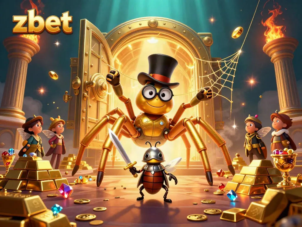 Experience thrilling gameplay with zbet's vibrant casino scene featuring a golden tarantula and enchanting characters.