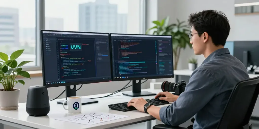 快连 VPN 安全连接的专业工作空间，技术人员在现代办公室环境中展示安全软件。