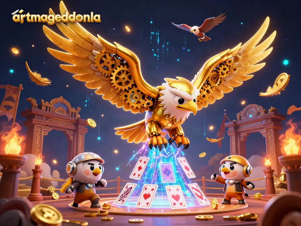 Experience thrilling casino adventures with artmageddonla's 3D eagle soaring over holographic cards.