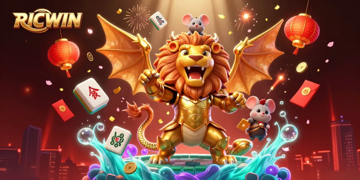 Experience RICWIN in a vibrant 3D illustration featuring a chimera and festive casino elements.