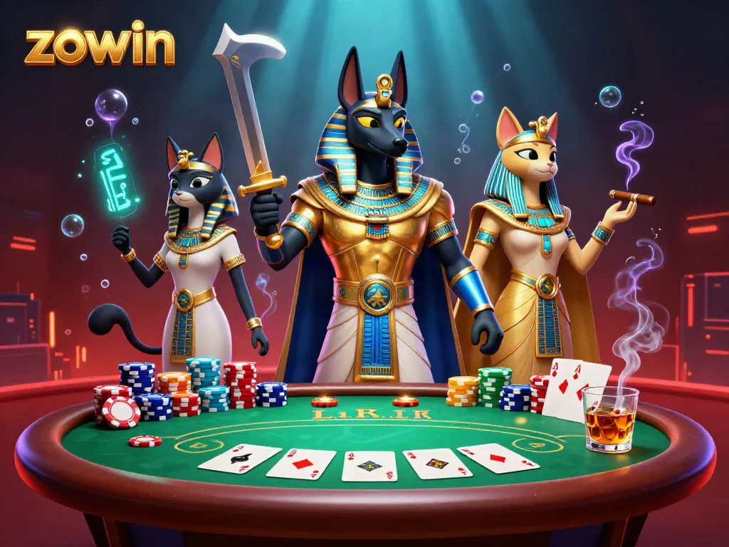 Experience zowi's thrilling poker scene with a dynamic composition of Anubis and Bastet.