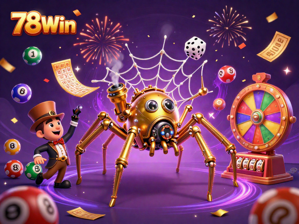 Engage with the thrilling world of 78Win through dynamic lottery elements and casino-themed characters.