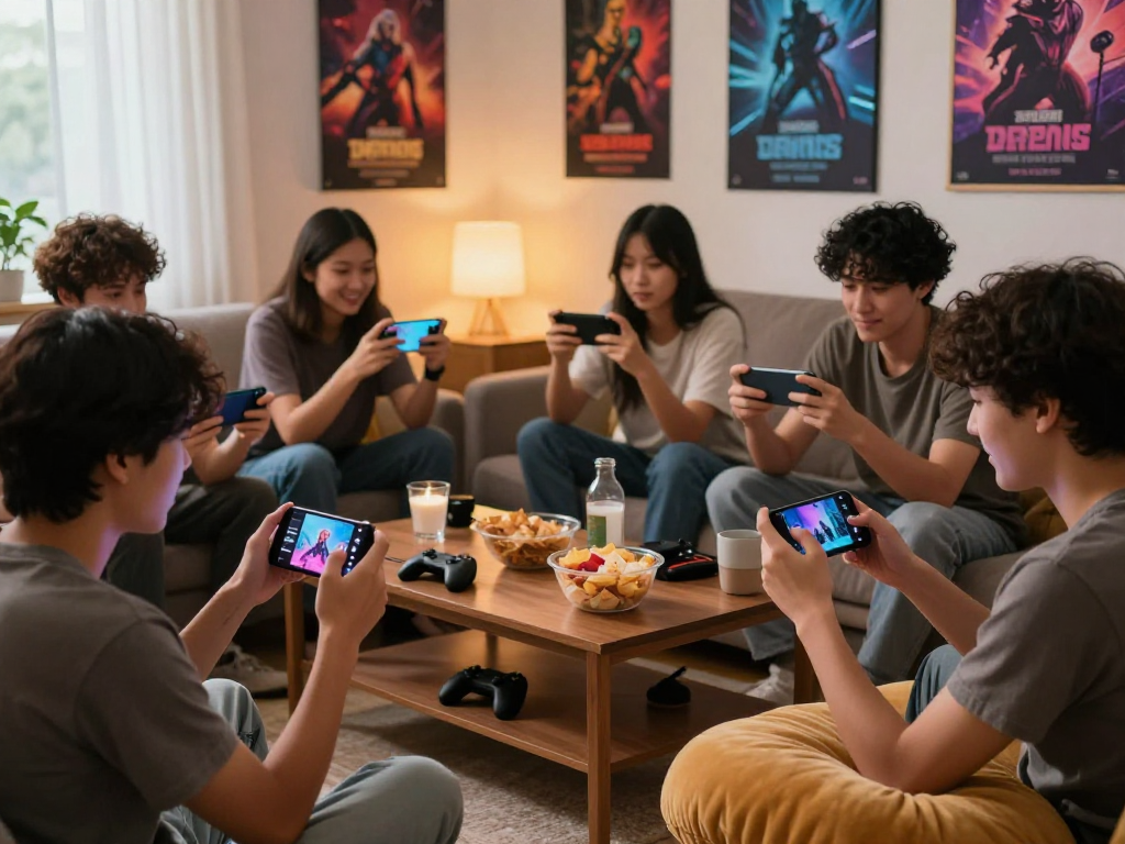 Group playing mobile porn games in a cozy living room setting