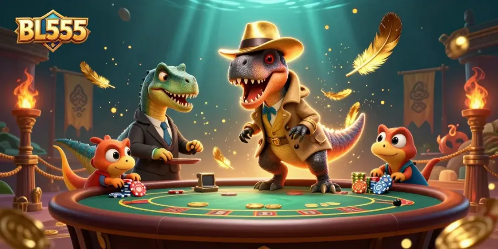 Experience thrilling gameplay at BL555 casino with a velociraptor card counter at the blackjack table.