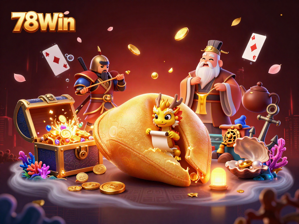 Experience thrilling gameplay at 78Win with a vibrant scene of fortune cookies, gold, and gaming elements.