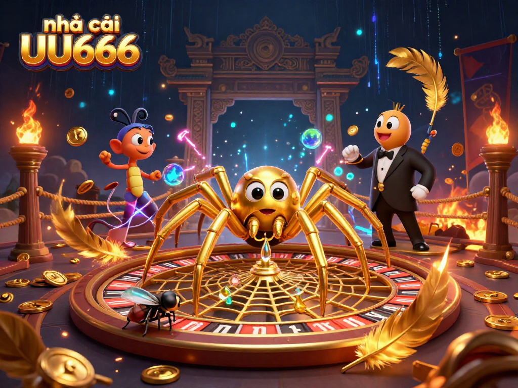 Experience excitement at nhà cái UU666 as the golden spider spins a roulette wheel, with a fly nervously placing bets.