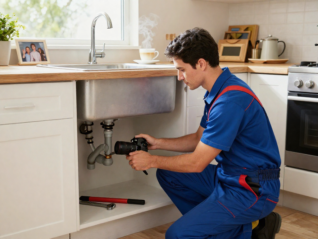 Plumber providing rooter service Fort Worth under a kitchen sink with tools and natural light.