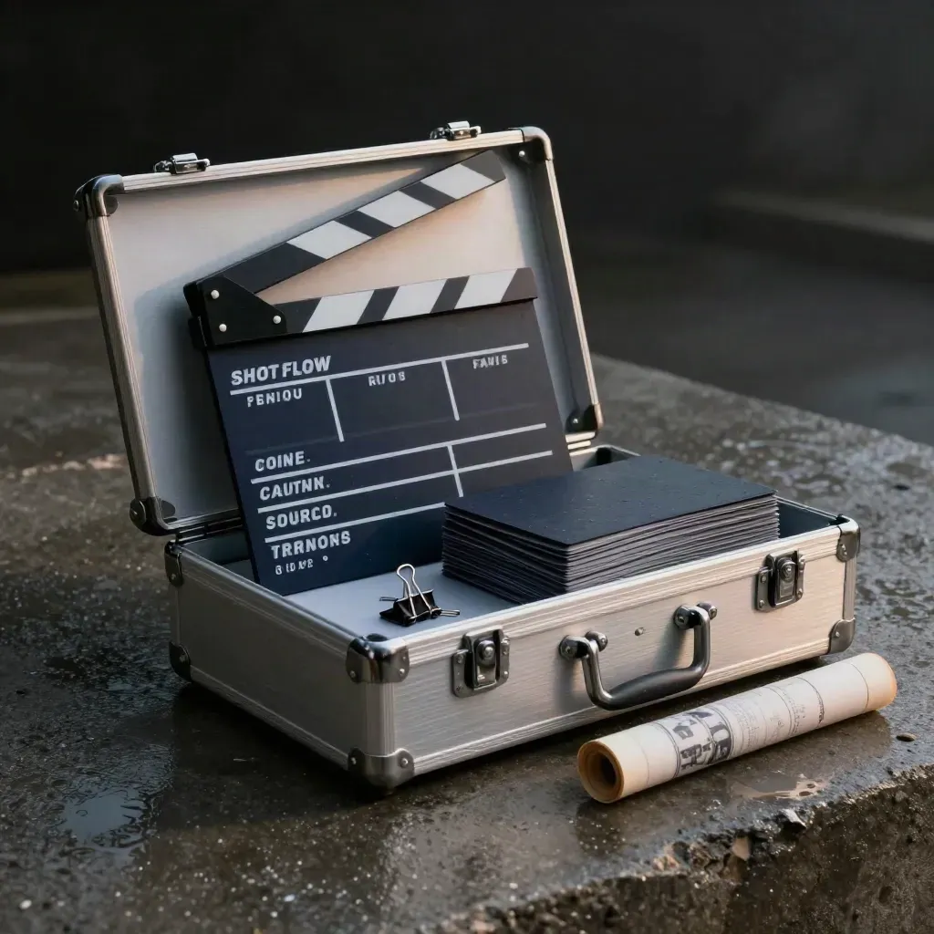 Brushed production case with clapperboard, scene tabs, clips and storyboard tube on wet concrete.