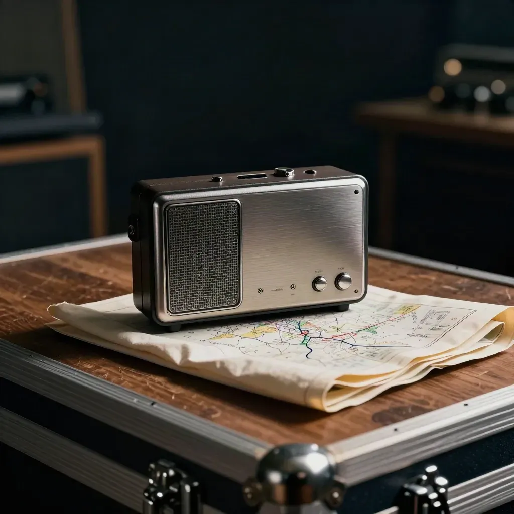 Producer's kit cluster with radio, clamped packet and folded map on a dark studio case.