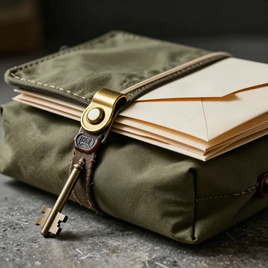 Macro still life of a courier pouch, brass clip, rubber bands and envelopes on stone in smoky light.