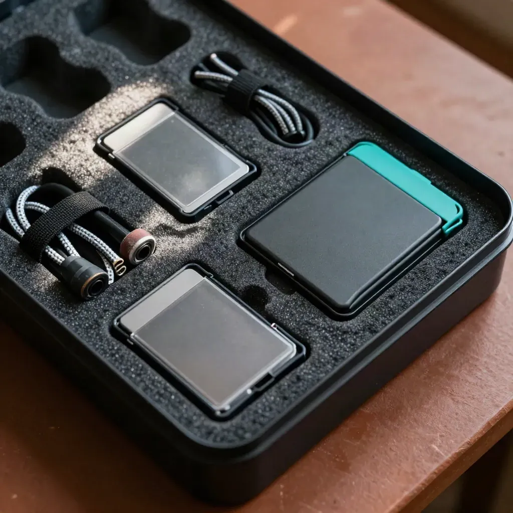 Foam tray with memory card cases, battery bricks, and cable wraps on a terracotta bench.