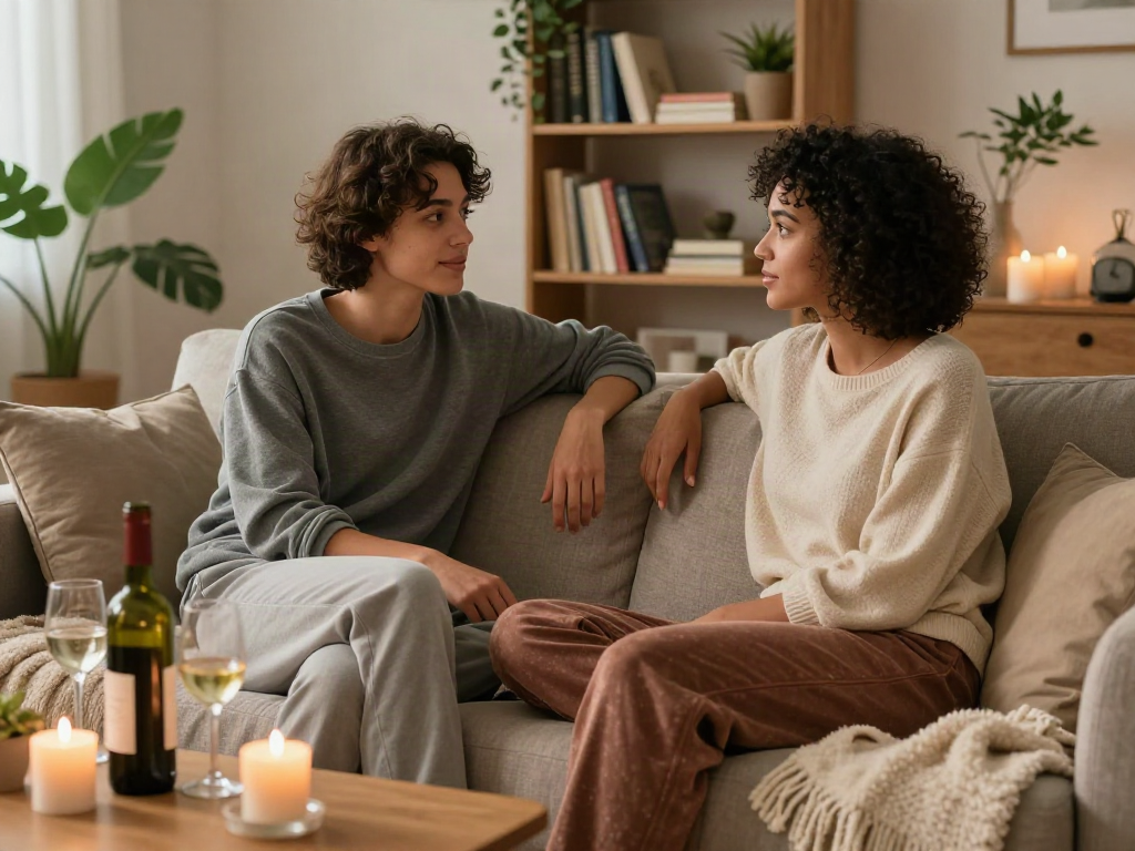 Cozy couple discussing sex AI technology at home with a warm ambiance.