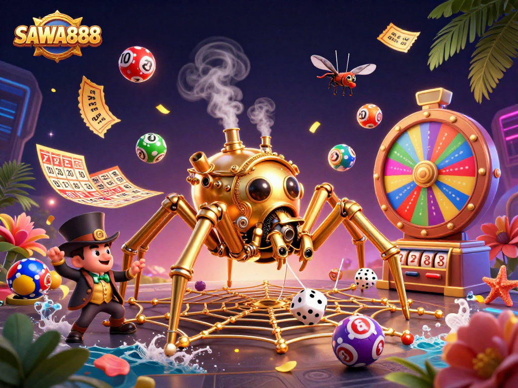 SAWA888 features a steampunk spider and Victorian fly amidst lottery elements, capturing a lively casino atmosphere.