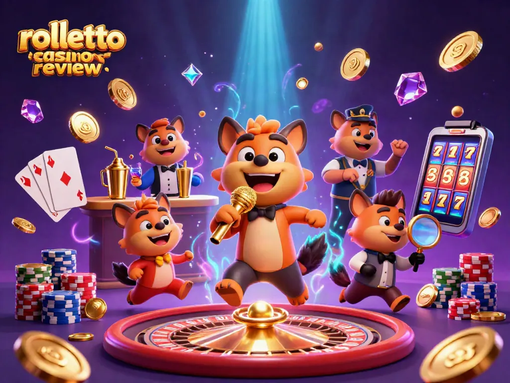Experience the rolletto casino review with lively characters in a vibrant casino atmosphere featuring slot machines and roulette.