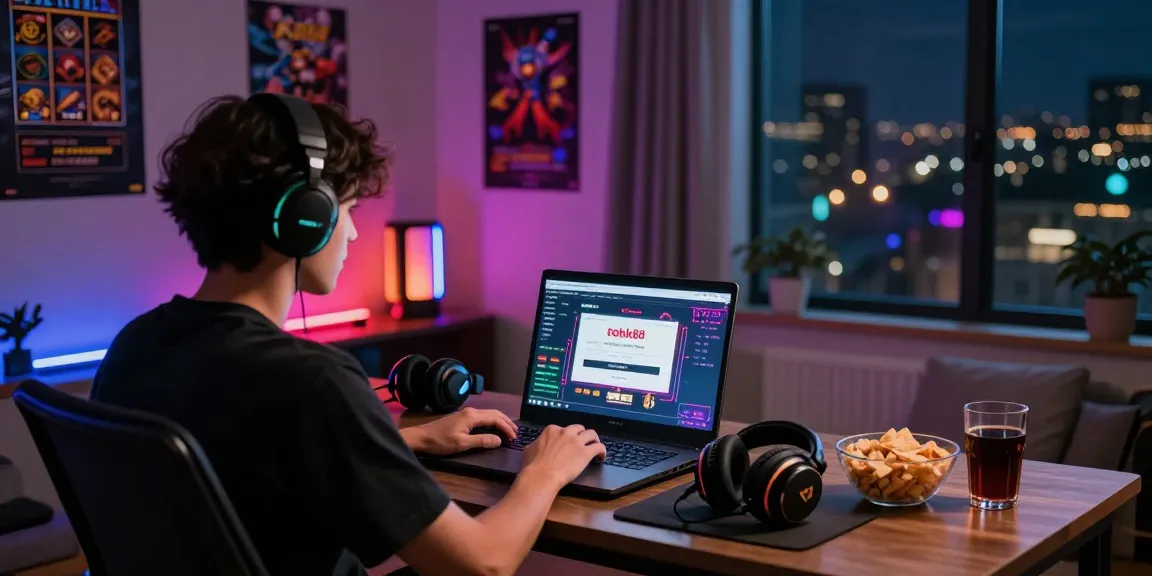 Engaged gamer accessing the rokok88 slot login in a cozy home environment, showcasing modern gaming elements.