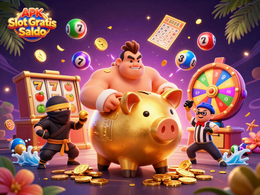 Join the fun with APK Slot Gratis Saldo showcasing a colorful casino scene featuring dynamic characters and game elements.
