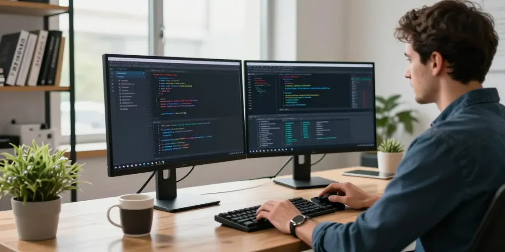 Software developer optimizing instant indexing in a modern workspace with dual monitors and coding elements.