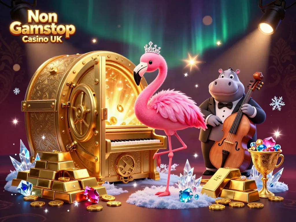 Experience the vibrant scene of Non Gamstop Casino UK with a flamingo singer and a hippo bassist surrounded by treasures.
