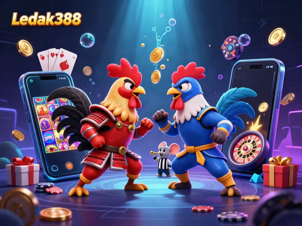 Experience the thrilling battle of Ledak388 with animated roosters as they engage in a dynamic showdown.