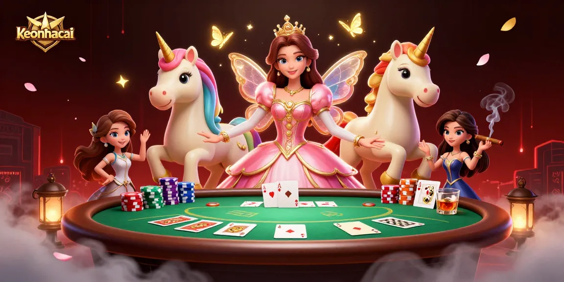 Experience the excitement of keonhacai with a captivating poker scene featuring a glamorous woman and a unicorn.
