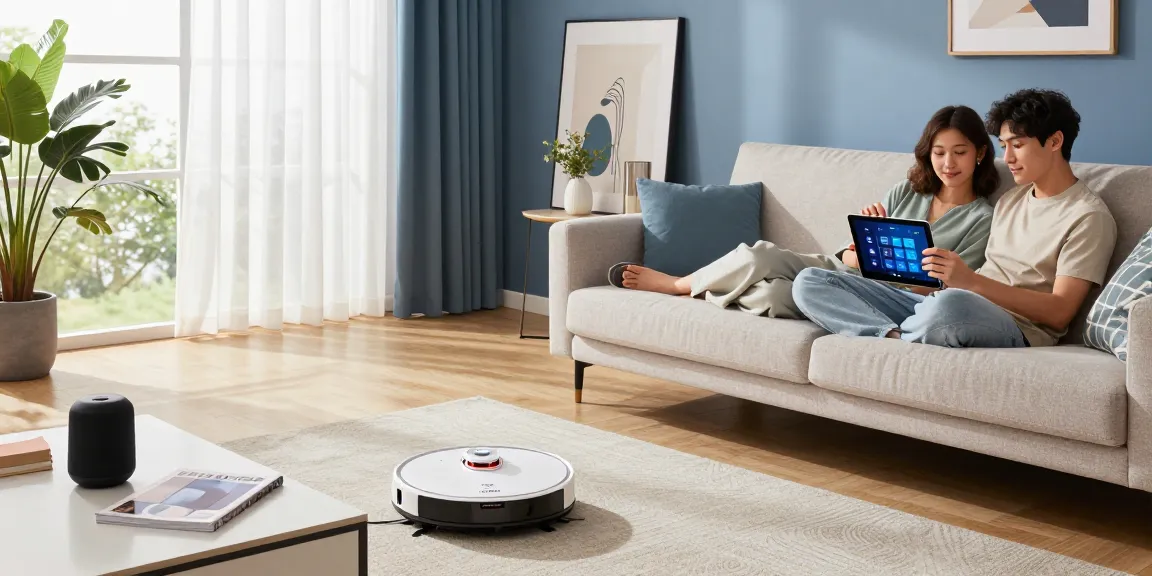 The Roborock 2026 robot vacuum navigating a stylish living room while a couple engages with smart home tech.