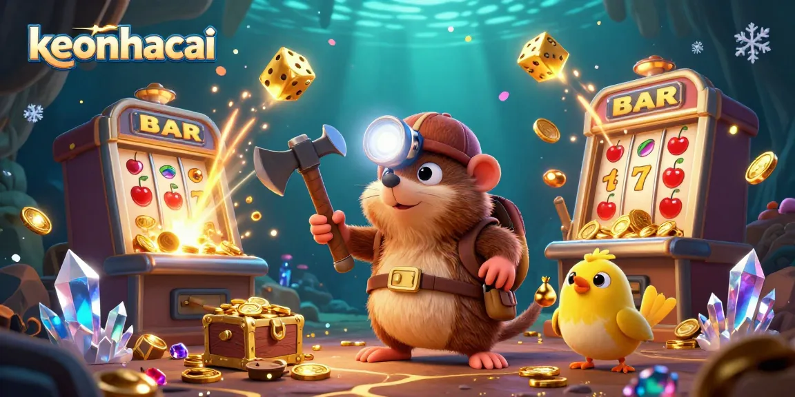 Engage with keonhacai treasures as the mole and canary navigate riches in a mystical cave scene.