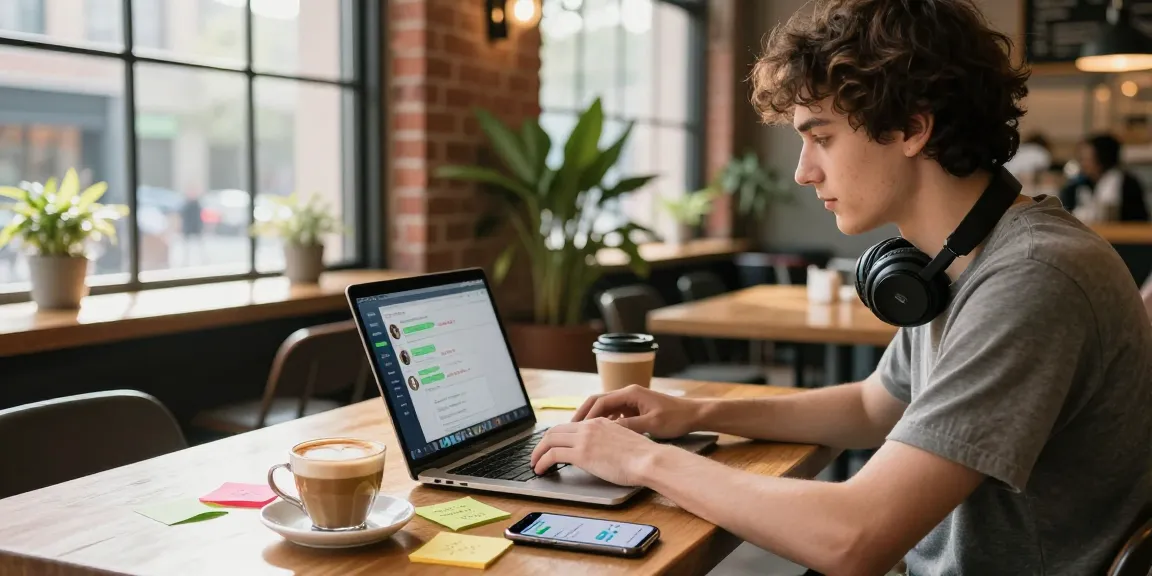 Engaging scene of a developer using spicy chat ai in a vibrant coffee shop environment.