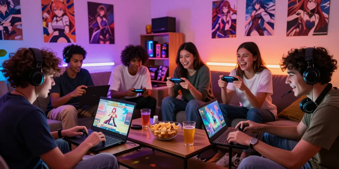 Group enjoying a thrilling hentai game session in a colorful gaming room