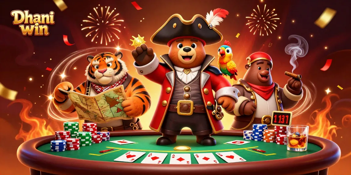Dhani win's thrilling gambling scene showcasing a pirate captain bear and tiger, with poker elements.