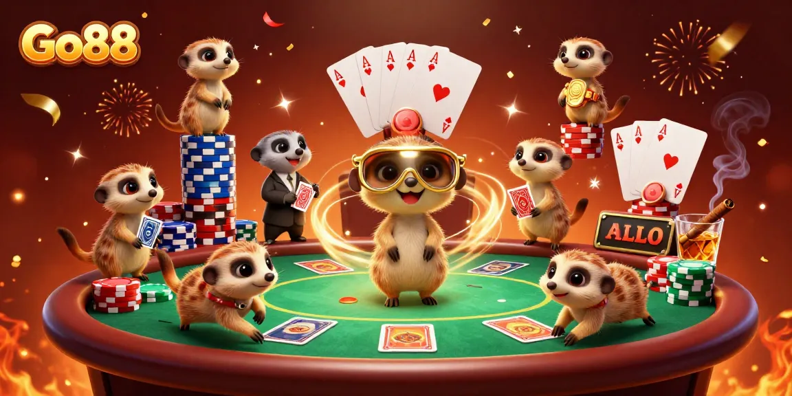 Experience the exciting Gamification with Go88's dynamic casino atmosphere featuring playful meerkats.