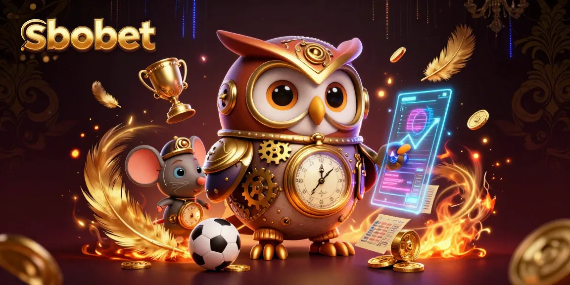 Sbobet enhances sports betting with a dynamic 3D illustration featuring a time-traveler owl and casino elements.