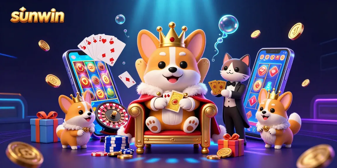 Spin winning slots and explore Sunwin's vibrant gaming universe with the royal corgi and companions.