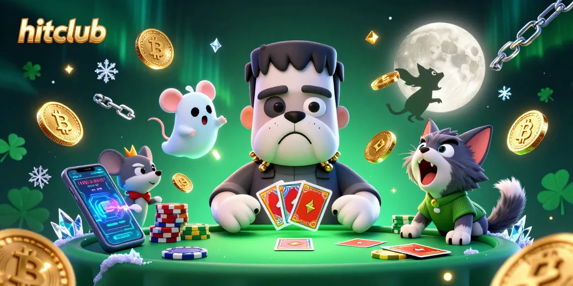 Hitclub's Frankenstein bulldog dealer engages in a vibrant casino scene with crypto coins and magical elements.