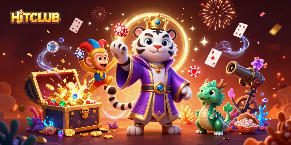Engage in thrilling gameplay at HITCLUB with iconic casino characters surrounded by vibrant gaming elements.