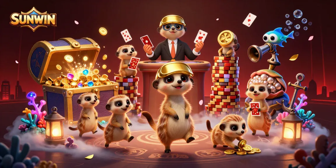 SUNWIN gaming meerkats engaged in a vibrant casino scene filled with gold coins and playful elements.