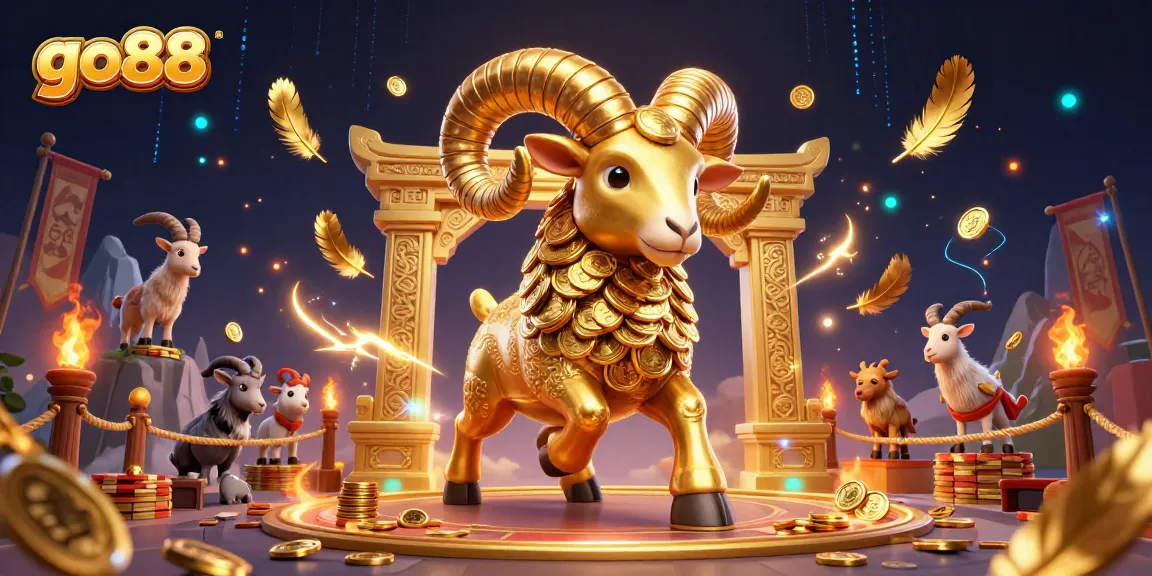 Experience thrilling action at go88 with a charging golden ram amidst swirling golden particles and game elements.