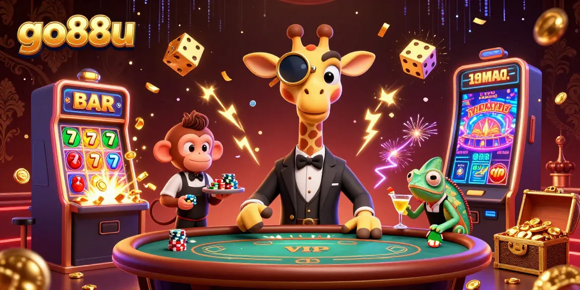 Go88u players enjoy an immersive casino experience with a lucky giraffe at the poker table.
