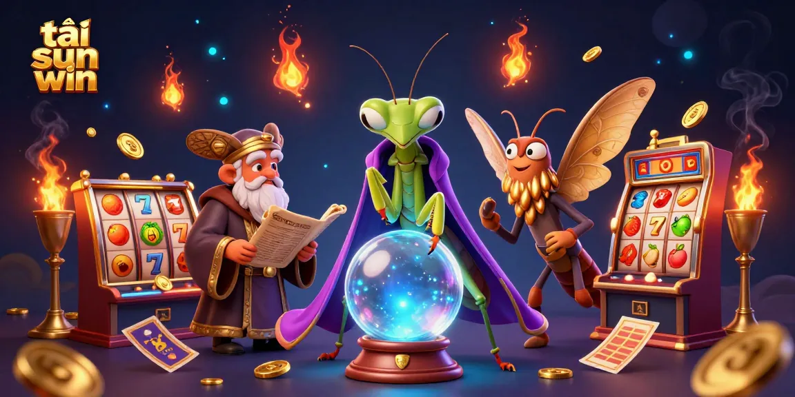 Experience the thrill at tải sun win with a lively cartoon casino scene featuring a mystical fortune teller and vibrant slot game elements.