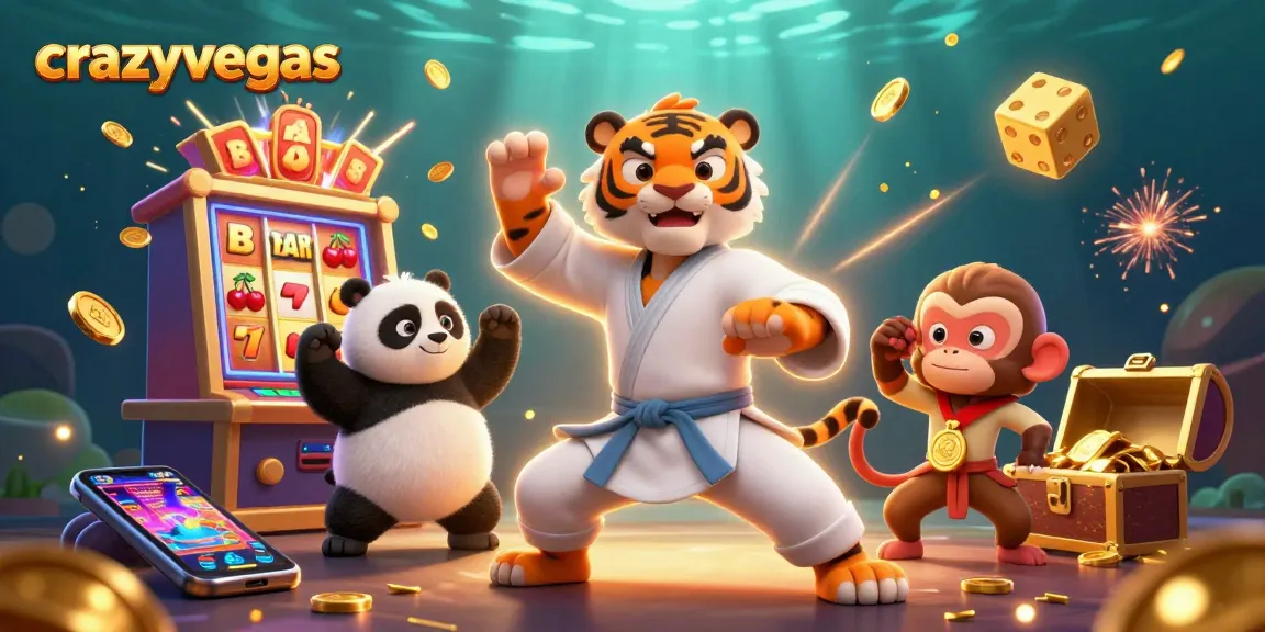 Engage with crazyvegas through a vibrant scene featuring animated characters and casino elements.